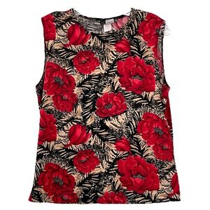 KC Stevens Women's Sleeveless Tank Top Size L Red Black Brown‎ Poppies Stretch